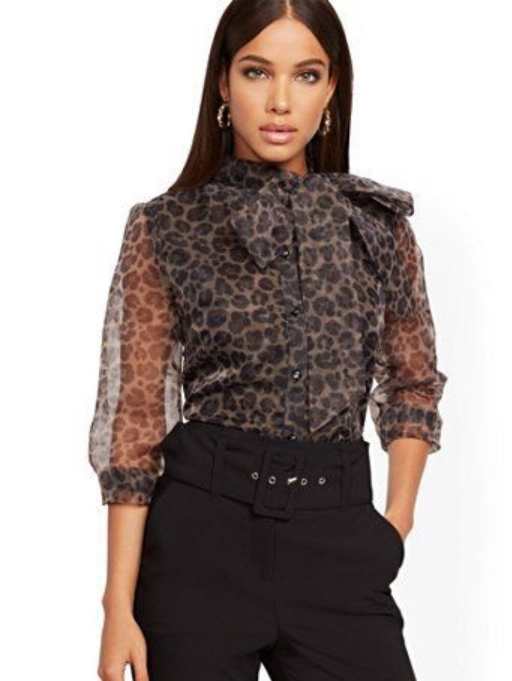 NY&C Sheer Leopard Bow-Tie Organza Top